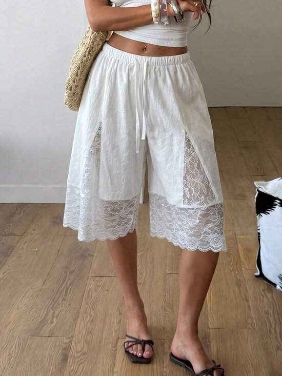 Pants - White Casual Women's Boho Concert Rave Festival Lace Crotch Pants